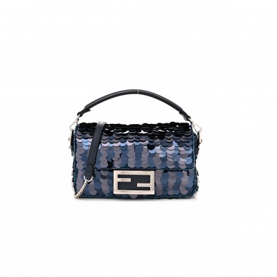 FENDI SEQUIN PAILLETTES VITELLO GRACE STRIPED MINI BAGUETTE DARK BLUE LUNAI (19*11*5cm) 